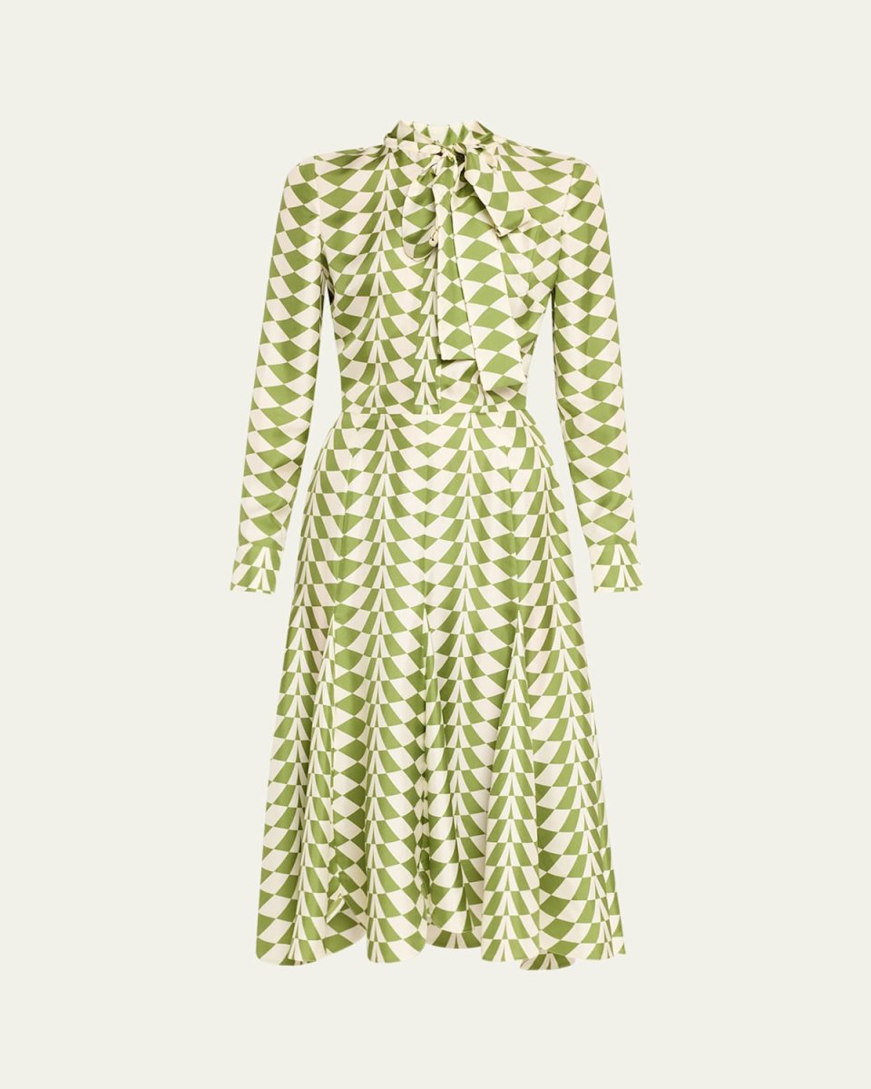 Geo Silk Twill Long-Sleeve Midi Shirtdress
